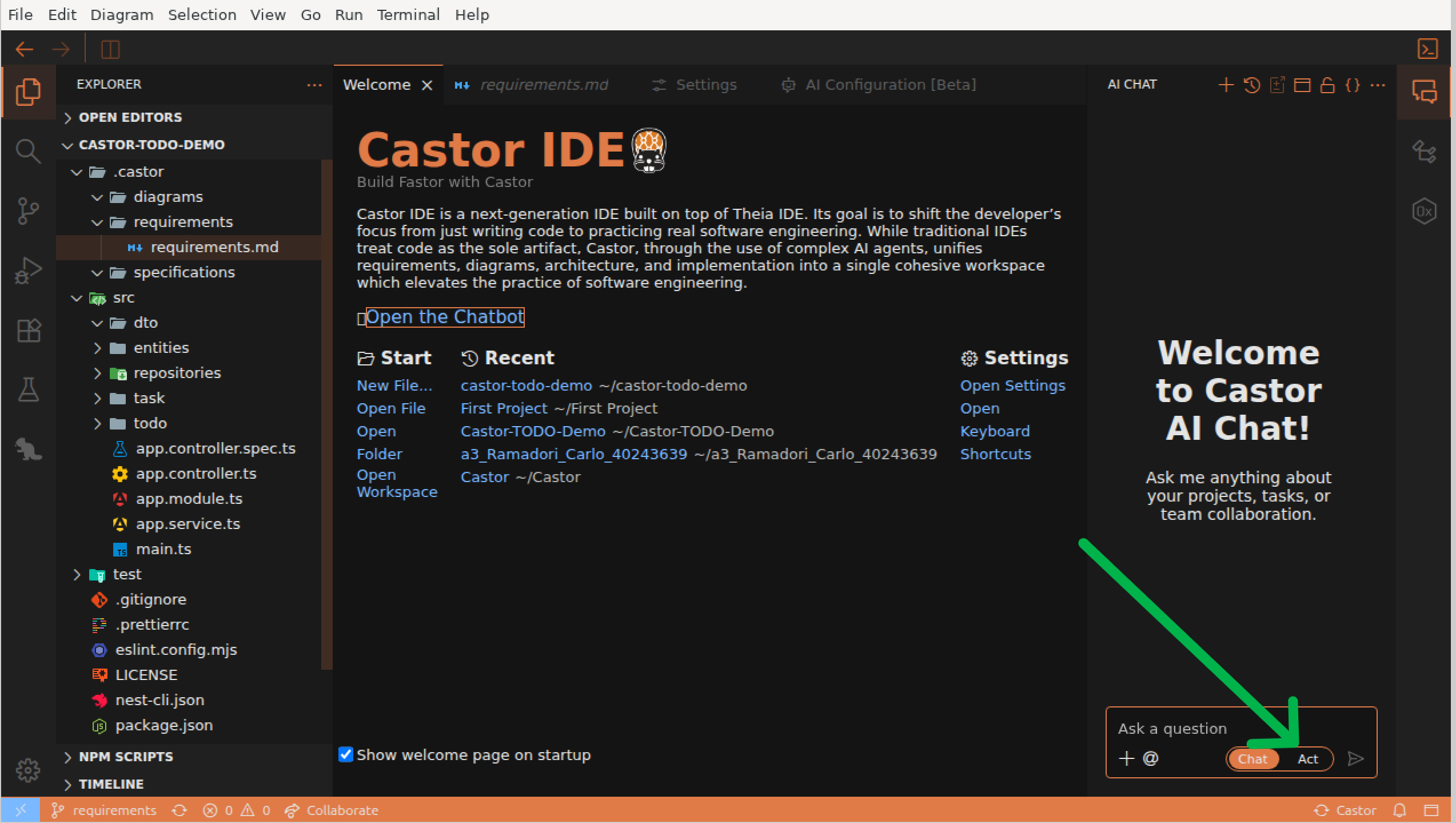 Chat/Act toggle demonstration